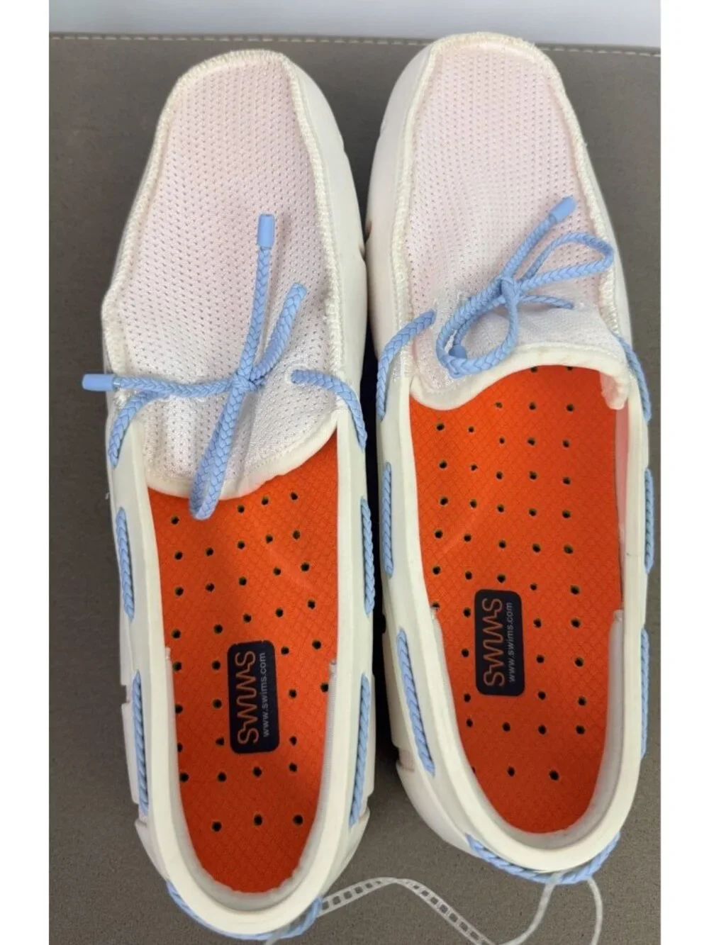 Swims Men's White Mesh Boat Shoes with Light Blue Laces and Orange Insoles